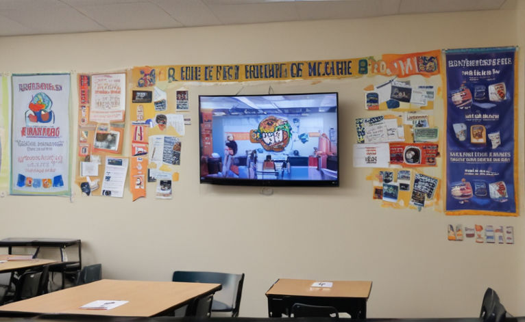 Inside a classroom, students engage with educational content streamed through IPTV, while a banner promoting a charity fundraiser hangs proudly on the wall, encouraging donations.