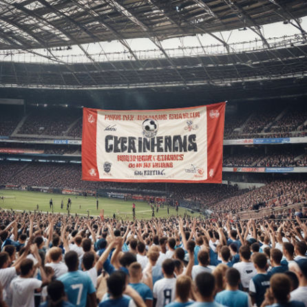 Sports stadium with players in action, fans cheering, and a charity banner promoting education.