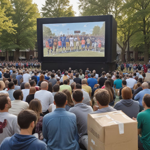 A community gathered outdoors watching a sports broadcast on a large screen, surrounded by donation boxes.