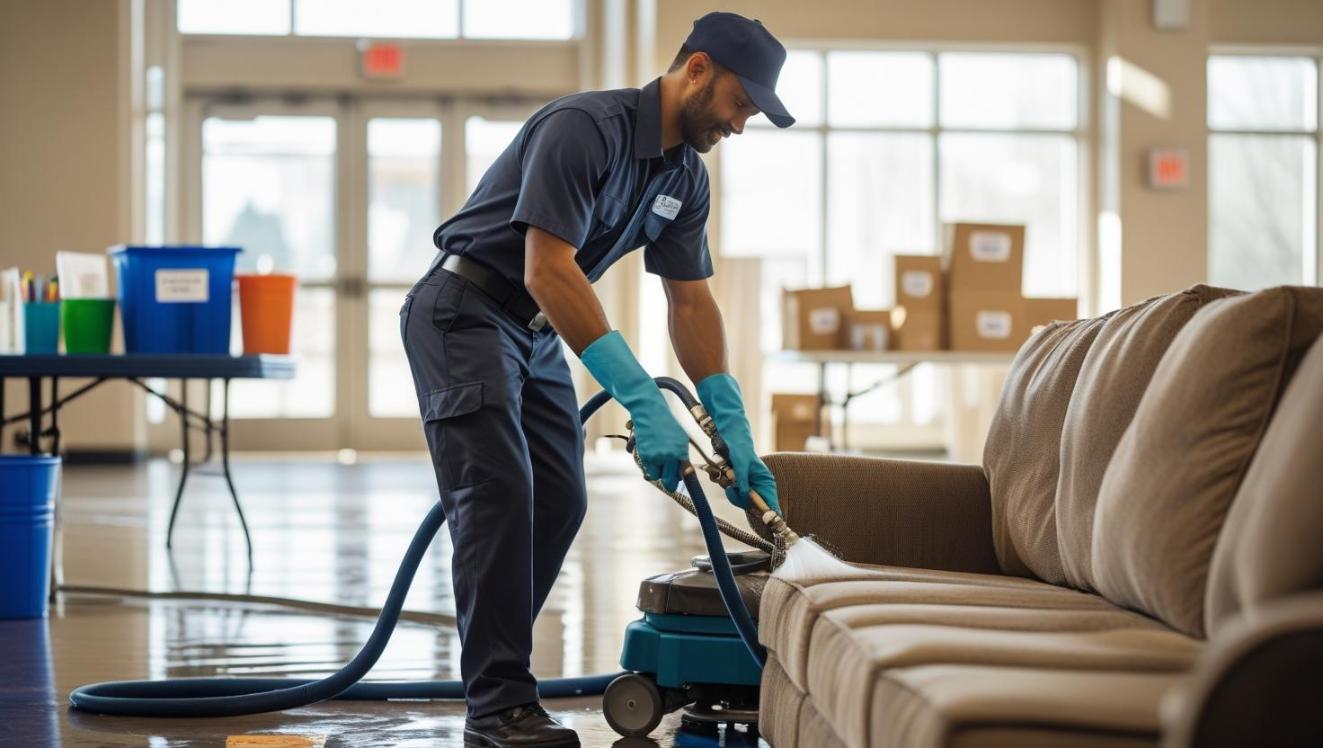 Cleaner sanitizing school couch during fundraiser event with donation boxes in background.