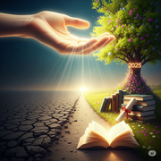 An open hand at the upper left corner and an open book laying on the ground with piles of books near the tree.