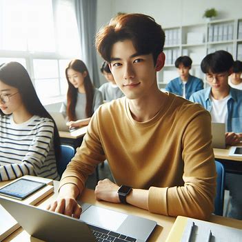 A modern Korean classroom with students using laptops and tablets.
