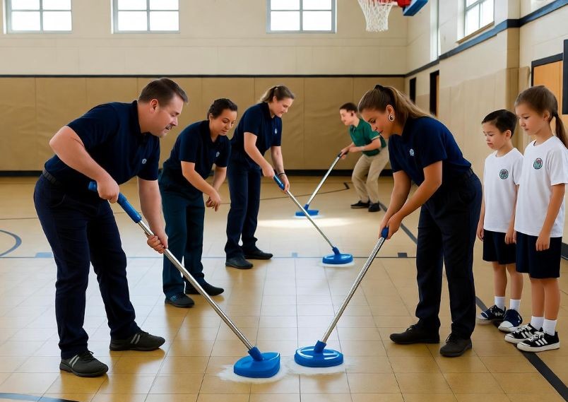cleaning a school gym