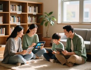 A group of people of different ages are watching and discussing through their smart device