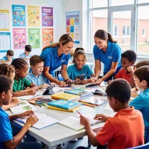 Children and young adults engaging in classroom and community learning activities, foundation volunteers assisting students, bright educational materials, vibrant and hopeful environment.