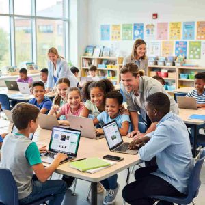 Smiling students using laptops and tablets in a bright classroom, foundation volunteers mentoring, diverse group of children learning collaboratively, inspiring educational environment.
