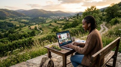 A student using a laptop for online learning in a rural setting, glowing educational interface on screen, global virtual classroom visuals