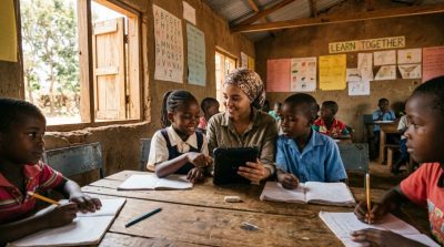 A rural community classroom with children learning together, volunteer teacher assisting students